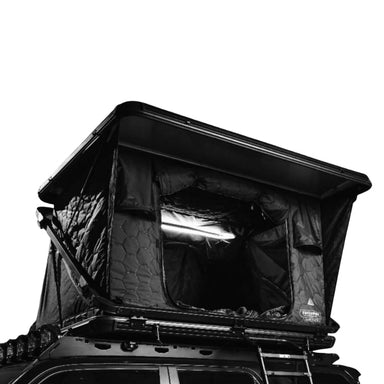 freespirit-recreation-evolution-v2-hard-shell-roof-top-tent-black-open-front-corner-view-on-truck-on-white-background