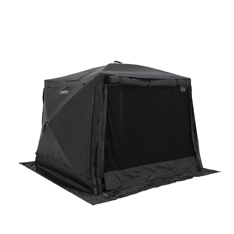 freespirit-recreation-foundation-series-hub-v2-black-open-front-corner-view-cube-shape-roled-down-cover-on-white-background