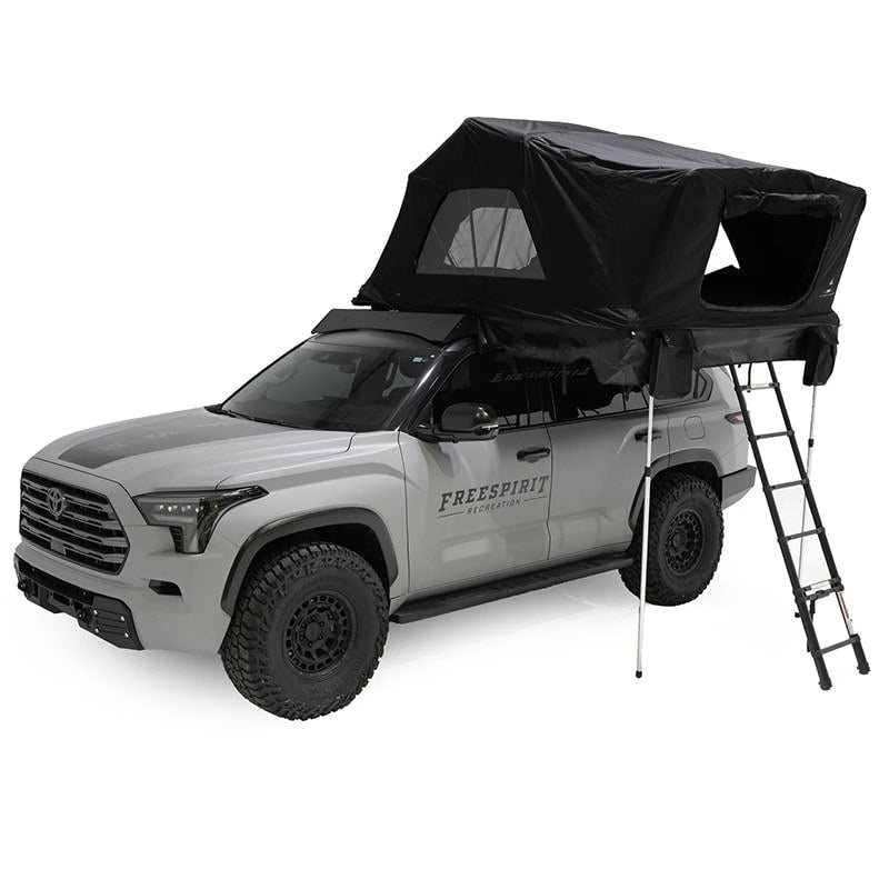 freespirit-recreation-high-country-v2-king-hybrid-roof-top-tent-open-front-corner-view-on-vehicle-with-ladder-on-white-background