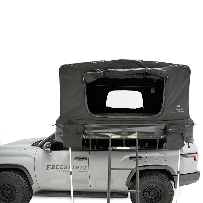 freespirit-recreation-high-country-v2-king-hybrid-roof-top-tent-open-side-view-on-vehicle-rolled-up-doors-and-window-white-background