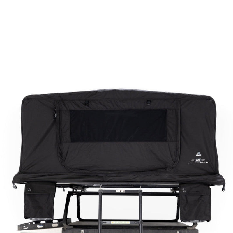 freespirit-recreation-high-country-v2-king-soft-shell-roof-top-tent-black-open-front-view-with-mesh-cover-on-white-background