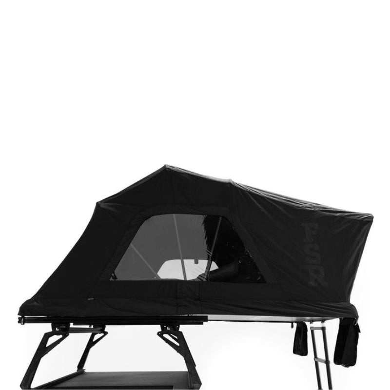 freespirit-recreation-high-country-v2-king-soft-shell-roof-top-tent-black-open-side-view-on-roof-rack-with-gear-pockets-on-white-background