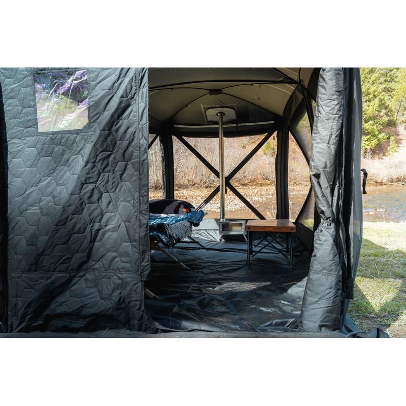 freespirit-recreation-hub-4-double-tent-black-entry-view-with-bed-and-stove