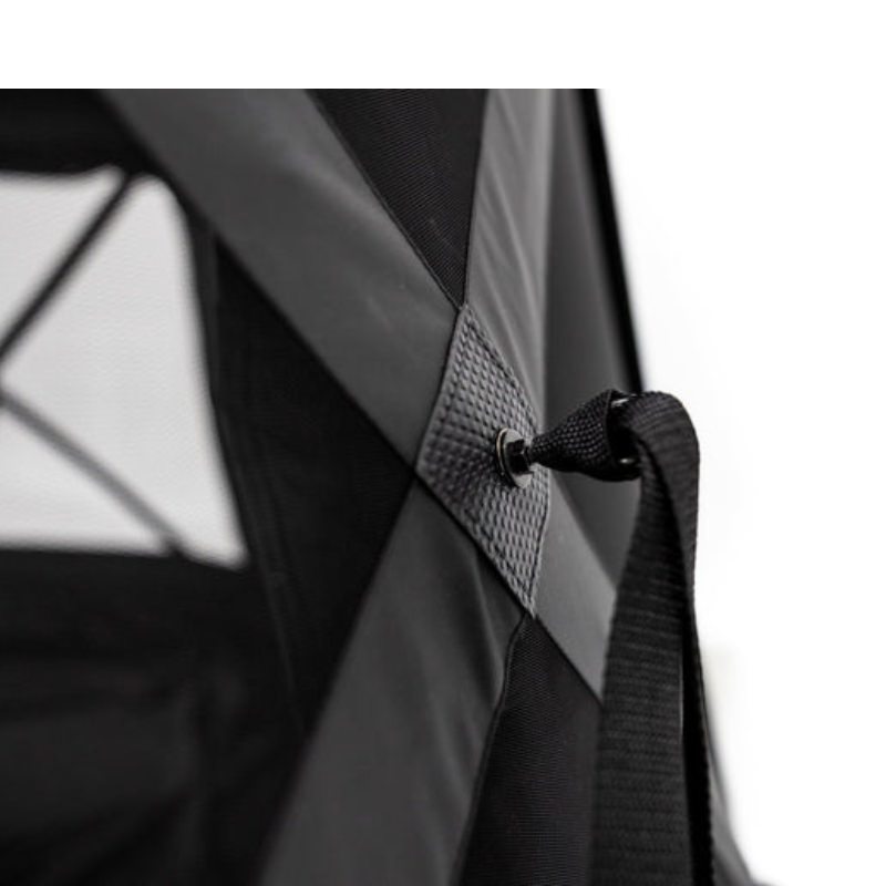 freespirit-recreation-hub-6xl-tent-black-open-close-up-view-with-velcro-strap-on-white-background