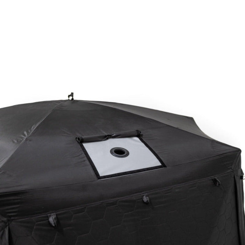 freespirit-recreation-hub-6xl-tent-black-open-top-view-with-stove-pipe-on-tent-roof-white-background