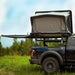 freespirit-recreation-odyssey-gray-hard-shell-roof-top-tent-open-side-view-on-ford-f150-in-nature