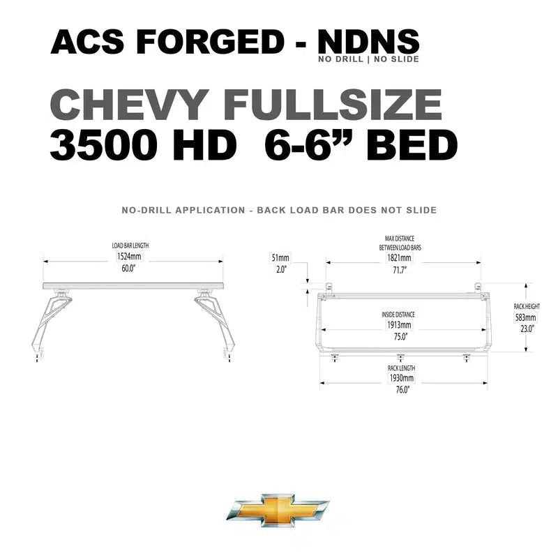 leitner-acs-forged-no-drill-bed-rack-for-chevrolet-3500-6-6-inch-dimensions-on-white-background