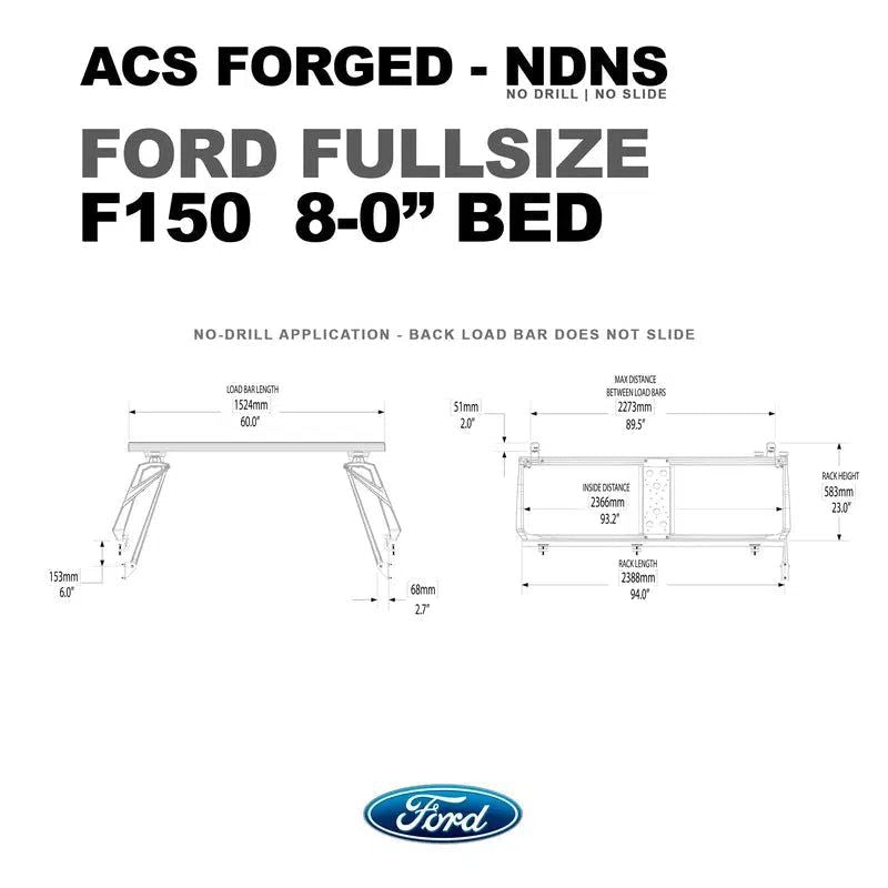 leitner-acs-forged-no-drill-bed-rack-for-ford-f150-8ft-dimensions-on-white-background