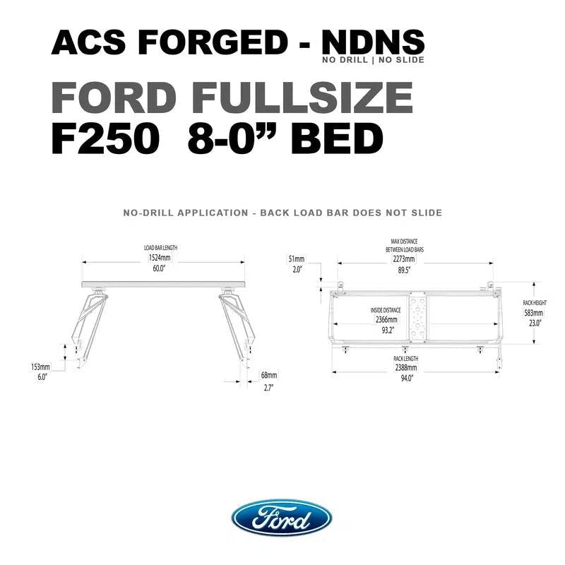 leitner-acs-forged-no-drill-bed-rack-for-ford-f250-8ft-dimensions-on-white-background