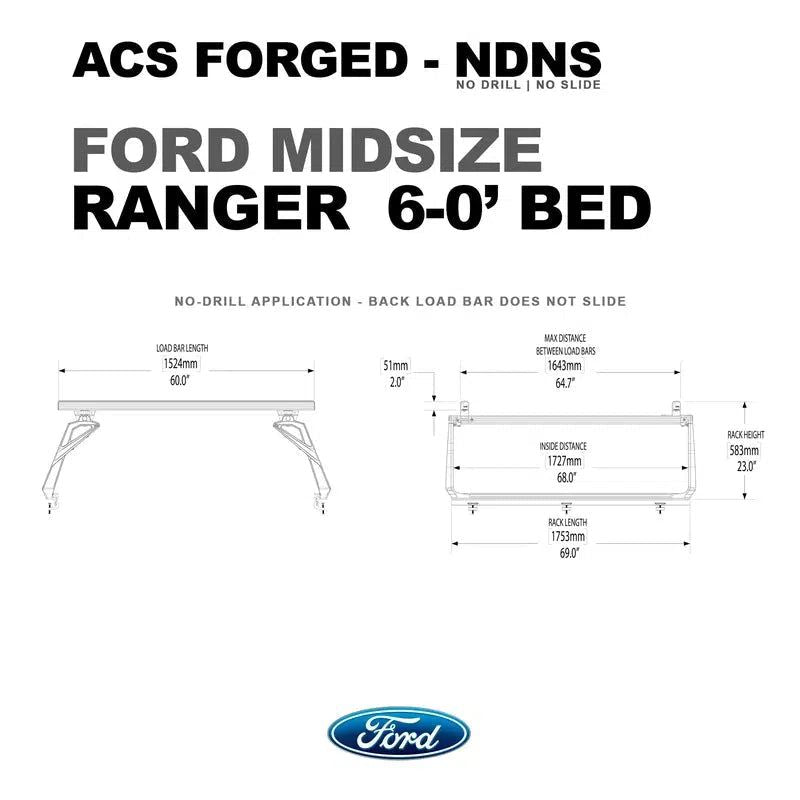 leitner-acs-forged-no-drill-bed-rack-for-ford-ranger-6ft-dimensions-on-white-background