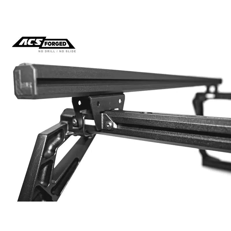 leitner-acs-forged-no-drill-bed-rack-for-ford-rear-corner-view-with-sliding-load-bar-bracket-on-white-background