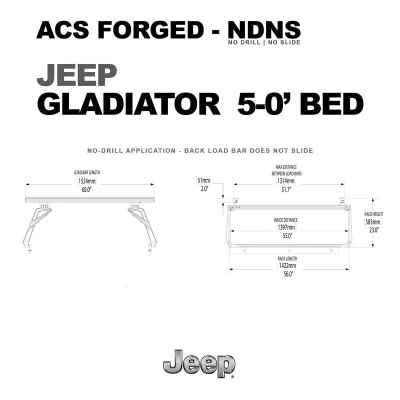 leitner-acs-forged-no-drill-bed-rack-for-jeep-gladiator-5ft-dimensions-on-white-background