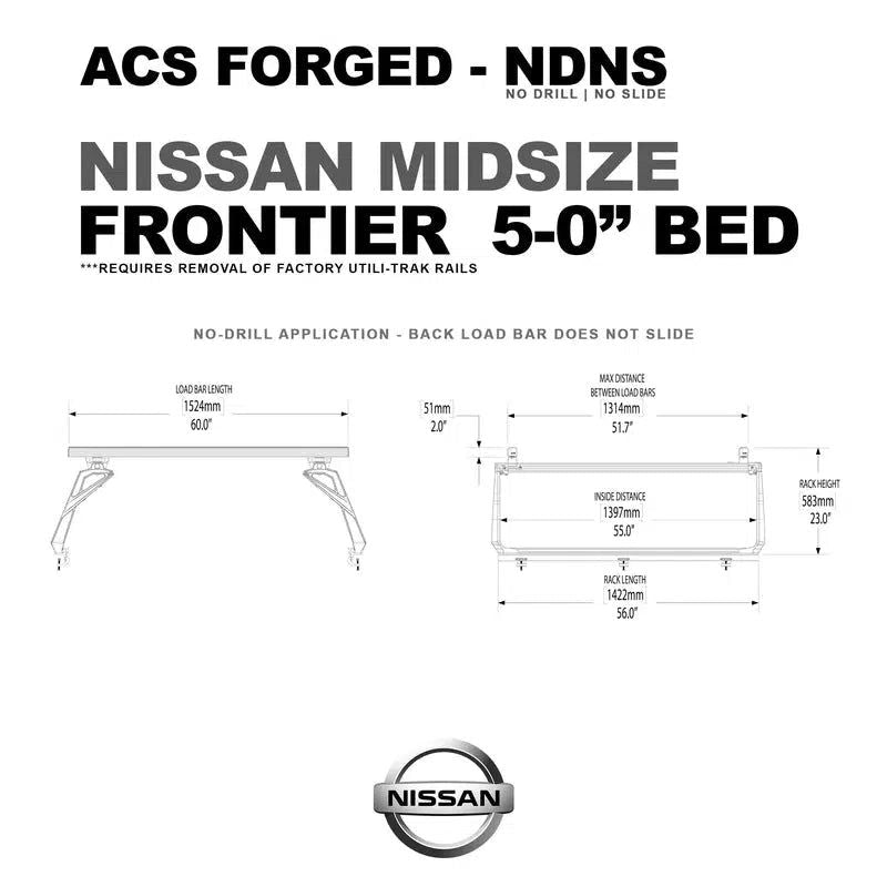 leitner-acs-forged-no-drill-bed-rack-for-nissan-fontier-5ft-dimensions-on-white-background