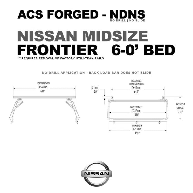 leitner-acs-forged-no-drill-bed-rack-for-nissan-fontier-6ft-dimensions-on-white-background