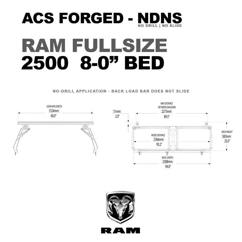 leitner-acs-forged-no-drill-bed-rack-for-ram-2500-8ft-dimensions-on-white-background