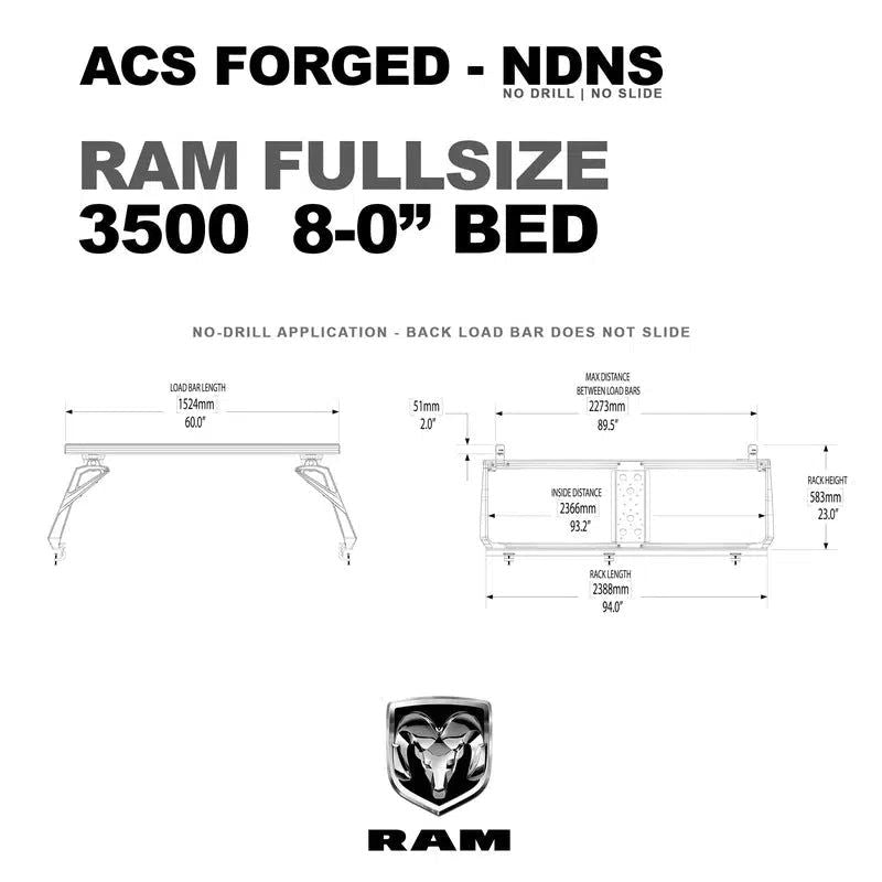 leitner-acs-forged-no-drill-bed-rack-for-ram-3500-8ft-dimensions-on-white-background