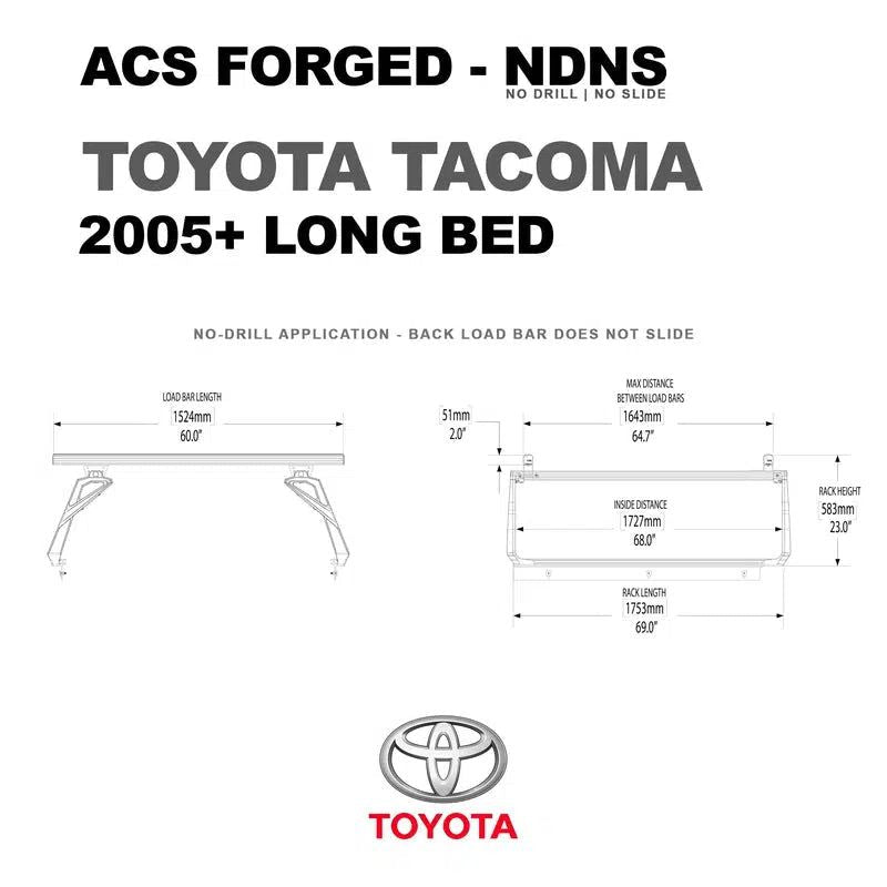 leitner-acs-forged-no-drill-bed-rack-for-toyota-tacoma-2005-long-bed-dimensions-on-white-background