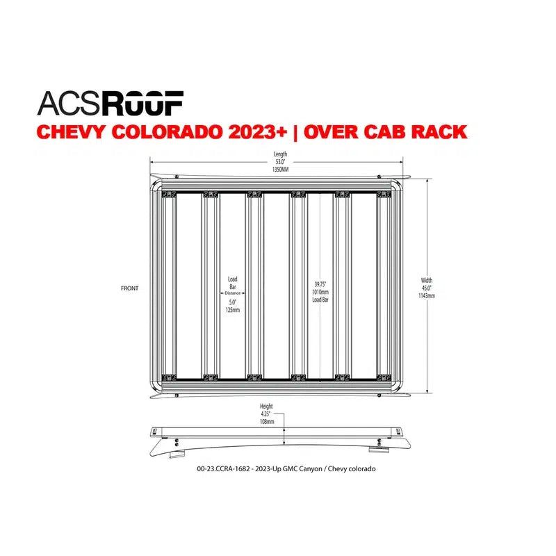 leitner-acs-roof-over-cab-platform-rack-for-2023-chevrolet-colorado-2023-dimensions-on-white-background