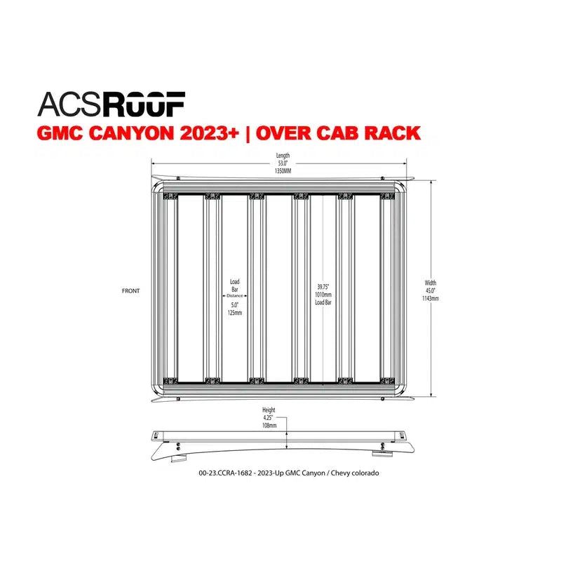 leitner-acs-roof-over-cab-platform-rack-for-gmc-canyon-2023-dimensions-on-white-background