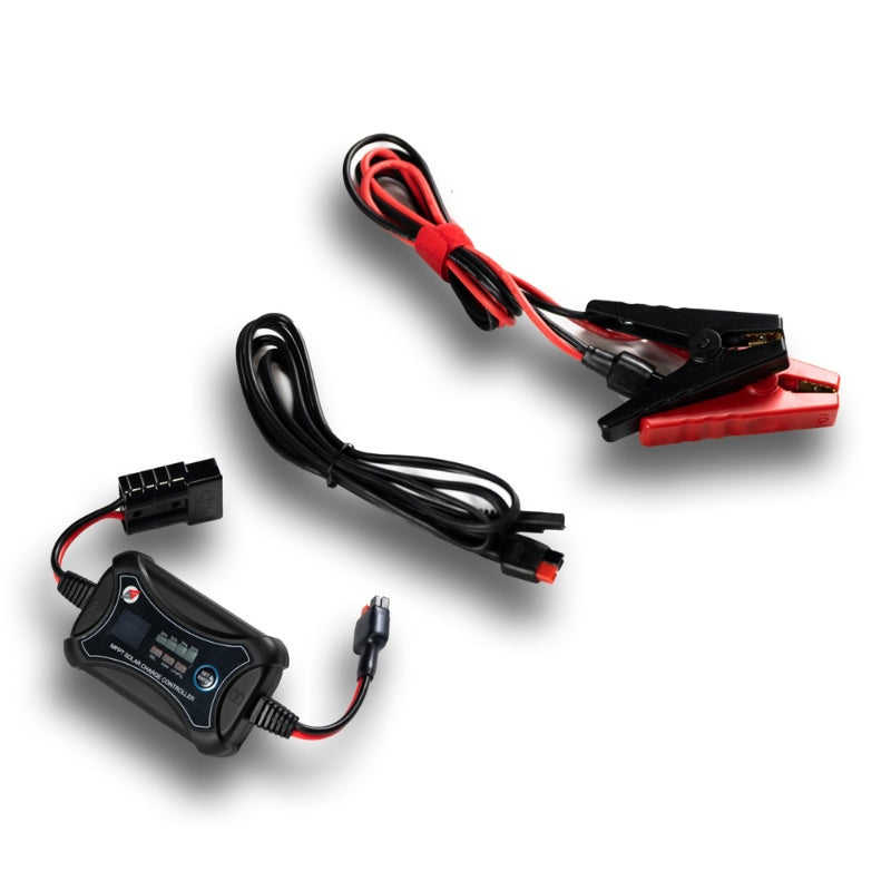 overland-solar-10-amp-mppt-solar-charge-controller-bundle-top-view-with-battery-clamps-and-connection-cables-on-white-background