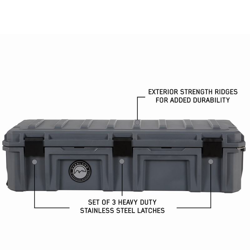 overland-vehicle-systems-117-qt-dry-cargo-box-with-drain-and-bottle-opener-front-top-view-exterior-ridges-with-3-latches
