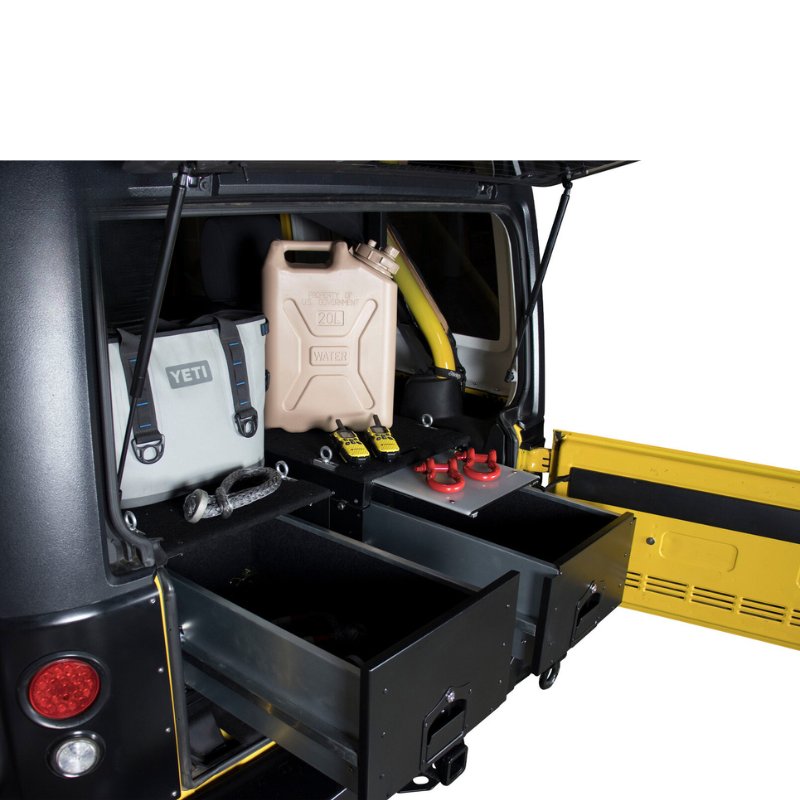 overland-vehicle-systems-cargo-box-with-slide-out-drawer-and-workstation-black-front-corner-view-opened-drawers-in-side-vehicle-on-white-background