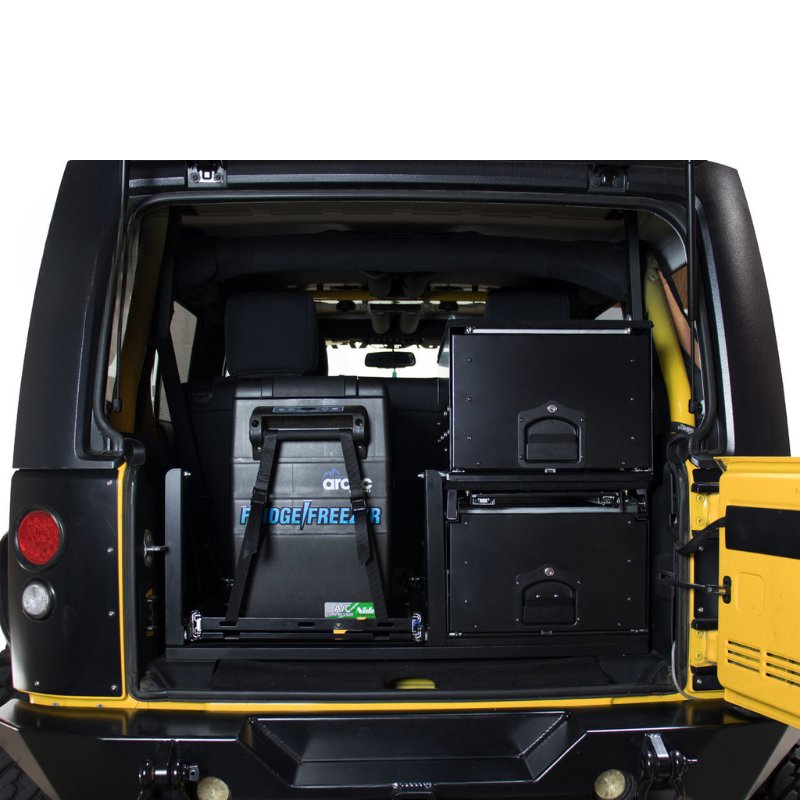 overland-vehicle-systems-cargo-box-with-slide-out-drawer-and-workstation-black-front-view-inside-vehicle-on-white-background