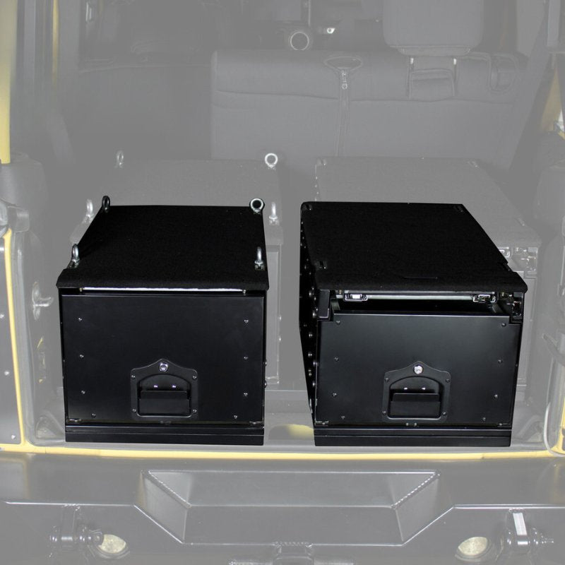 overland-vehicle-systems-cargo-box-with-slide-out-drawer-and-workstation-black-front-view-inside-vehicle
