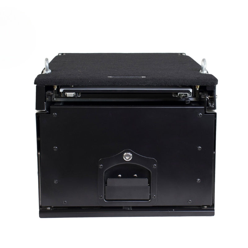 overland-vehicle-systems-cargo-box-with-slide-out-drawer-and-workstation-black-front-view-on-white-backgound
