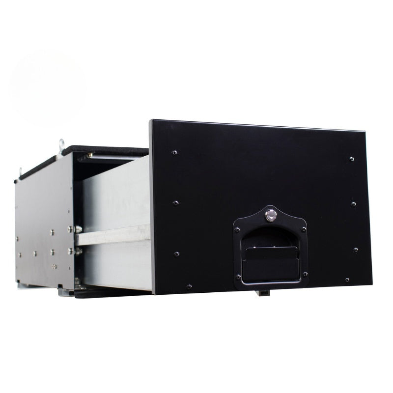 overland-vehicle-systems-cargo-box-with-slide-out-drawer-black-close-up-view-opened-drawer-on-white-background