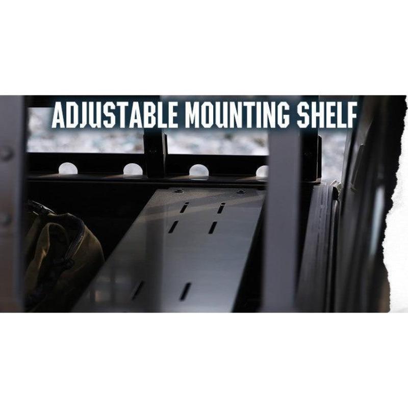 overland-vehicle-systems-discovery-rack-full-size-truck-short-bed-close-up-view-on-vehicle-with-adjustable-mounting-shelf-in-nature