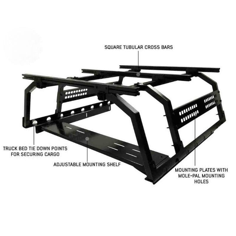 overland-vehicle-systems-discovery-rack-full-size-truck-short-bed-front-view-with-adjustable-mounting-shelf-on-white-background