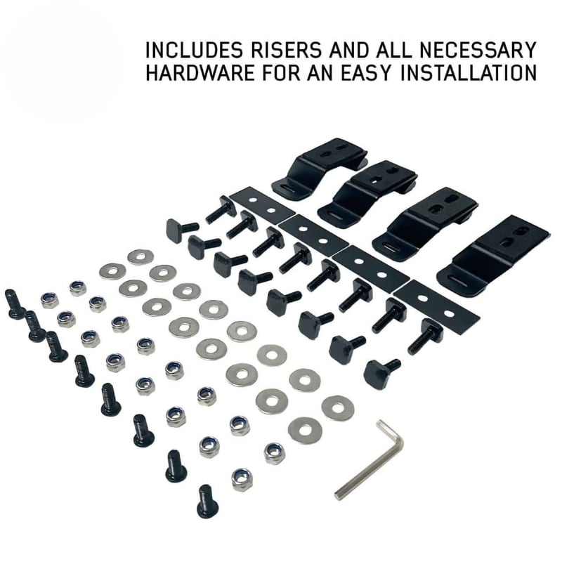 overland-vehicle-systems-expedition-truck-cap-crossbars-top-view-of-included-hardware-on-white-background
