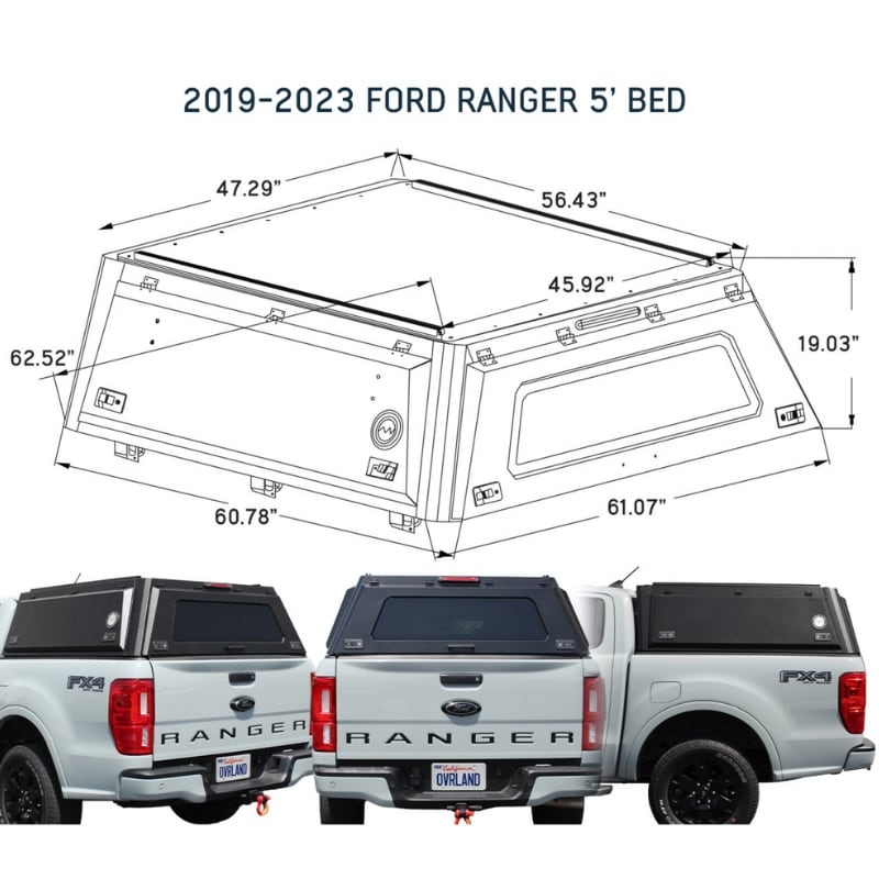 overland-vehicle-systems-expedition-truck-cap-for-ford-ranger-5th-gen-dimensions-on-white-background