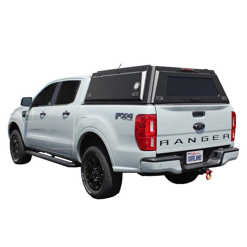 overland-vehicle-systems-expedition-truck-cap-for-ford-ranger-black-rear-corner-view-on-white-background