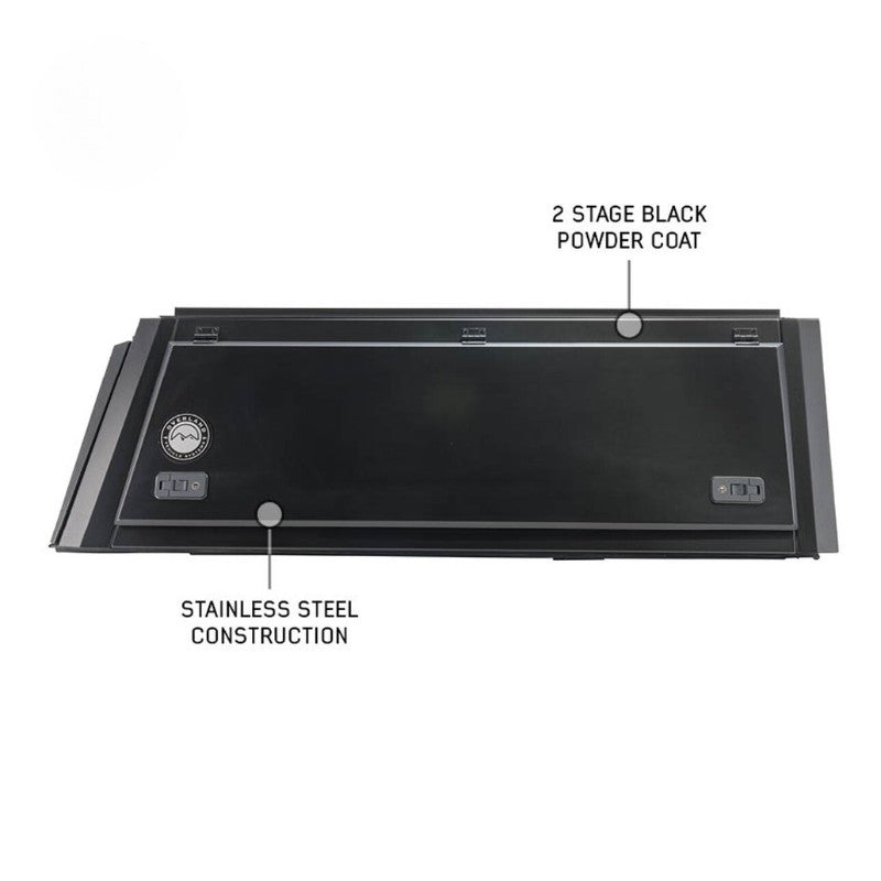      overland-vehicle-systems-expedition-truck-cap-for-ford-ranger-black-side-view-closed-doors-powder-coat-on-white-background