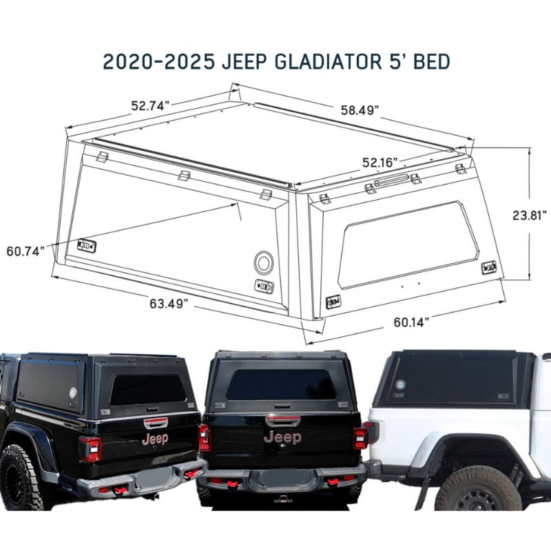 overland-vehicle-systems-expedition-truck-cap-for-jeep-gladiator-dimensions-on-white-background