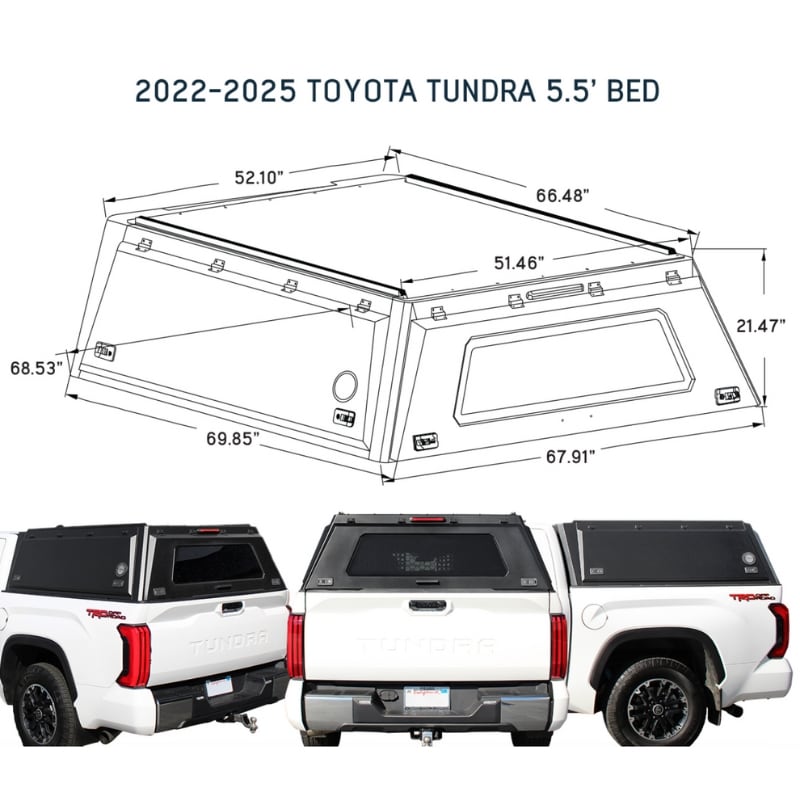 overland-vehicle-systems-expedition-truck-cap-for-toyota-tundra-3nd-gen-dimensions-on-white-background