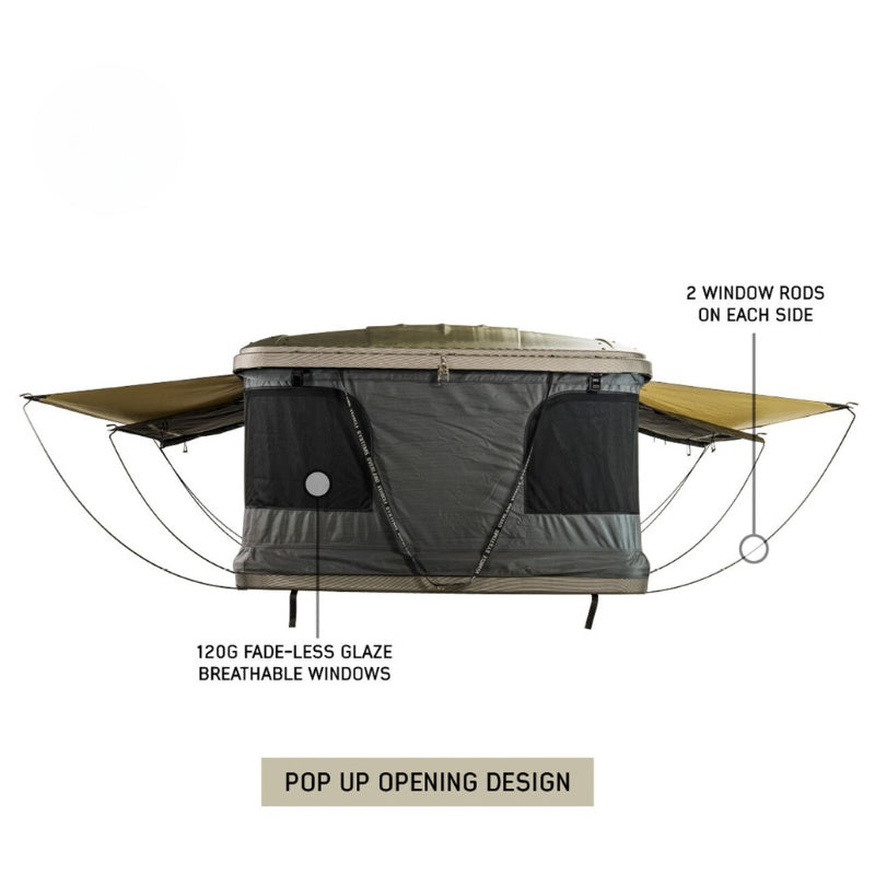 overland-vehicle-systems-hd-bundu-hard-shell-pop-up-roof-top-tent-gray-body-green-rainfly-open-rear-view-with-description-on-white-background