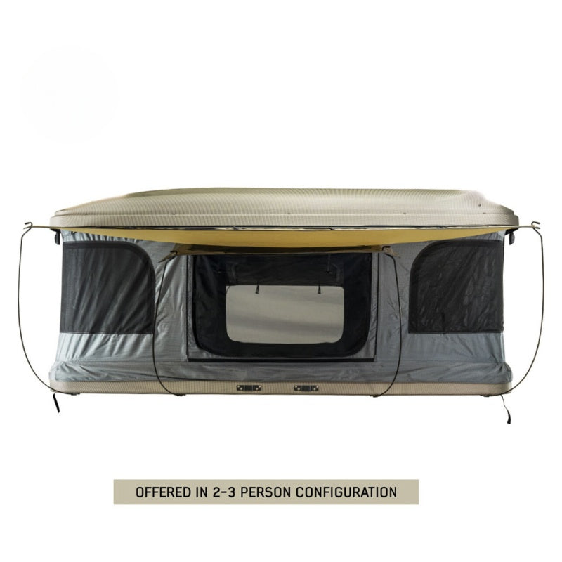 overland-vehicle-systems-hd-bundu-hard-shell-pop-up-roof-top-tent-gray-body-green-rainfly-open-side-view-with-label-on-white-background