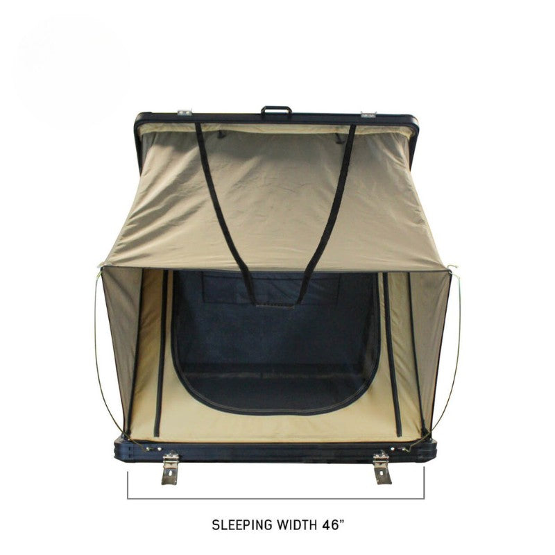 overland-vehicle-systems-ld-tmon-clamshell-aluminum-hard-shell-roof-top-tent-tan-open-front-view-sleeping-width-on-white-background