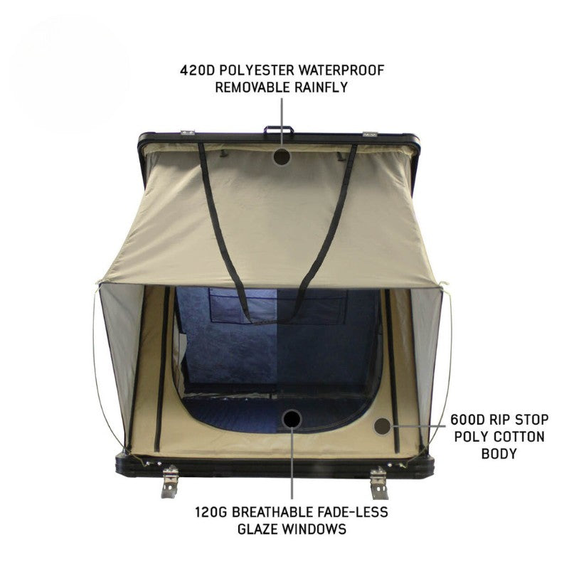 overland-vehicle-systems-ld-tmon-clamshell-aluminum-hard-shell-roof-top-tent-tan-open-front-view-with-glaze-windows-on-white-background