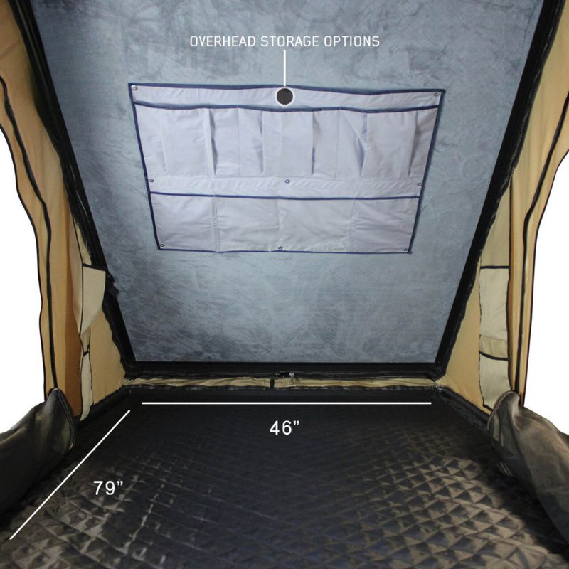 overland-vehicle-systems-ld-tmon-clamshell-aluminum-hard-shell-roof-top-tent-tan-open-interior-view-with-storage-options-on-white-background