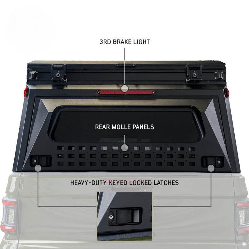 overland-vehicle-systems-magpak-camper-shell-roof-top-tent-for-ford-f-150-closed-rear-view-3rd-break-light-on-white-background