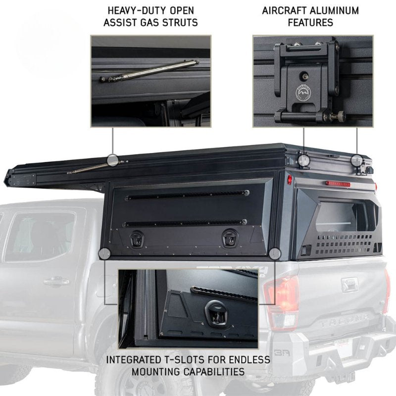 overland-vehicle-systems-magpak-camper-shell-roof-top-tent-for-ford-f-150-closed-side-view-integrated-t-slots-on-white-background
