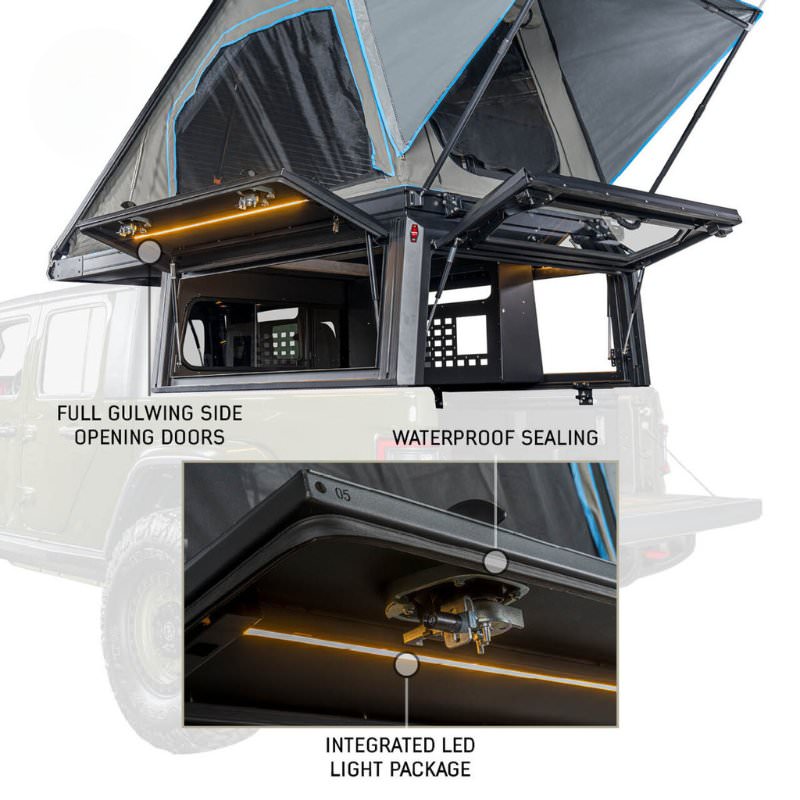     overland-vehicle-systems-magpak-camper-shell-roof-top-tent-for-ford-f-150-open-rear-corner-view-opening-doors-on-white-background