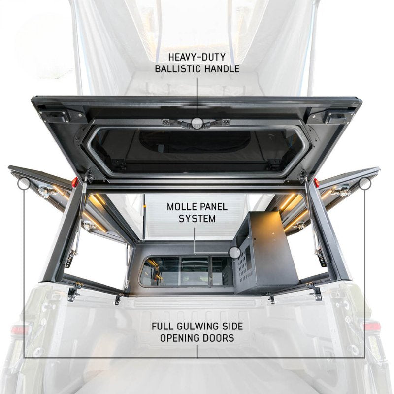 overland-vehicle-systems-magpak-camper-shell-roof-top-tent-for-ford-f-150-open-rear-view-heavy-duty-handle-on-white-background