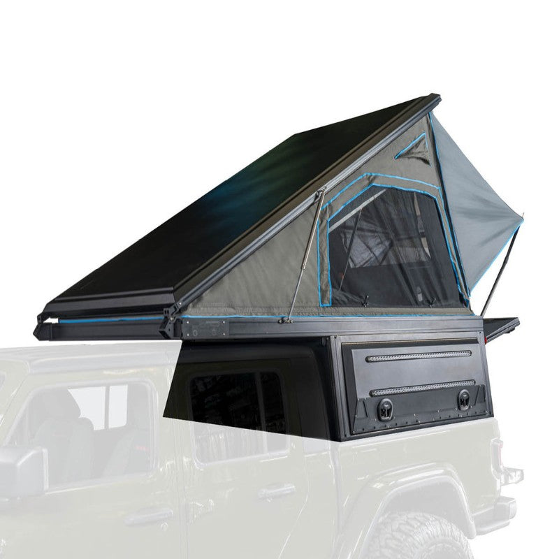 overland-vehicle-systems-magpak-camper-shell-roof-top-tent-for-ford-ranger-open-front-corner-view-on-vehicle-on-white-background