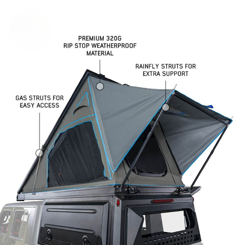 overland-vehicle-systems-magpak-camper-shell-roof-top-tent-for-gm-colorado-canyon-open-top-view-rainfly-struts-on-white-background