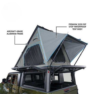 overland-vehicle-systems-magpak-camper-shell-roof-top-tent-for-jeep-gladiator-open-rear-corner-view-on-jeep-gladiator